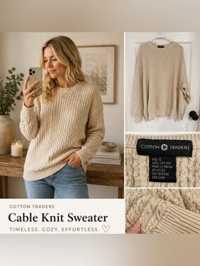 72 Cotton Traders Cable Knit Sweater Beige Cream 100% Cotton Large Cozy Classic